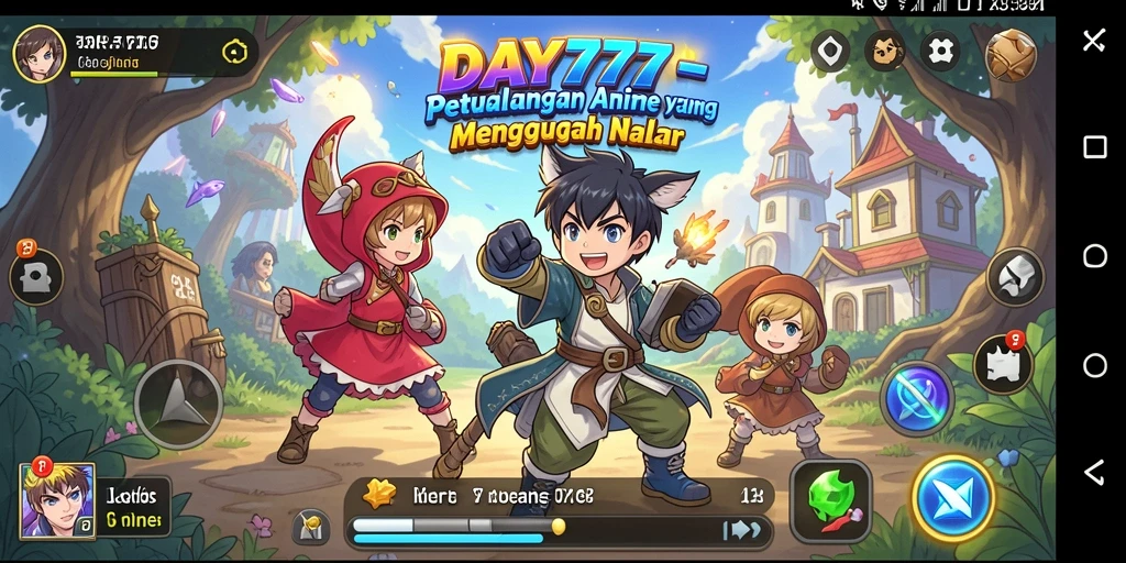 Tangkapan layar gameplay DAY777 menampilkan karakter anime favorit dalam pertempuran.