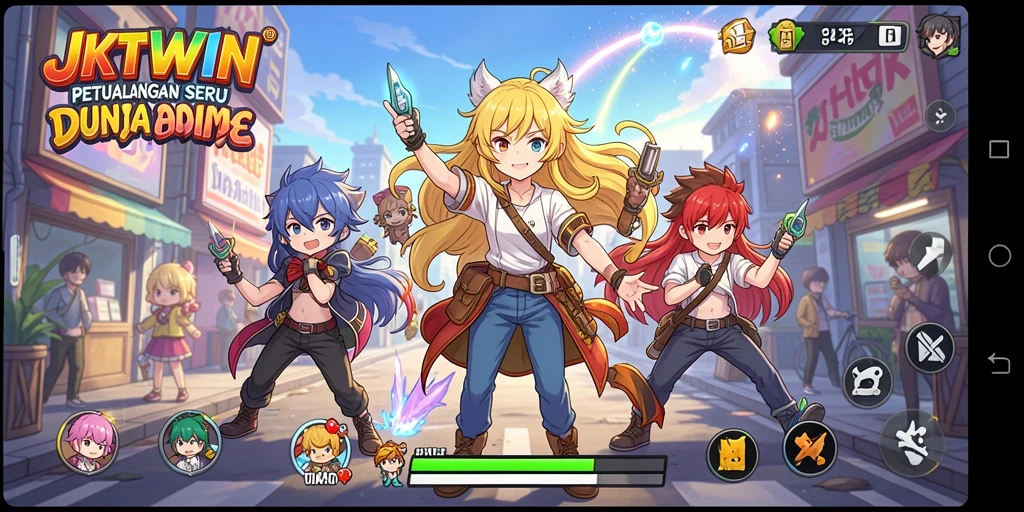 Screenshot gameplay JKTWIN yang menampilkan karakter anime yang penuh aksi.