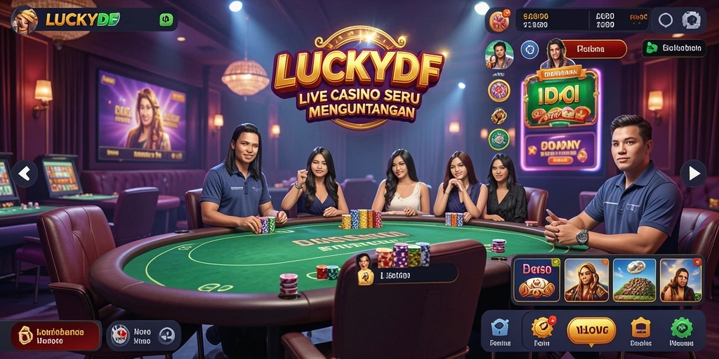 Screenshot gameplay LUCKYDF menunjukkan suasana kasino yang hidup.