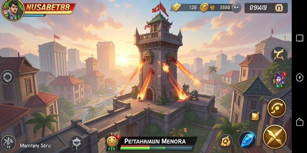 Screenshot NUSABET88 dengan tampilan menara pertahanan yang strategis.